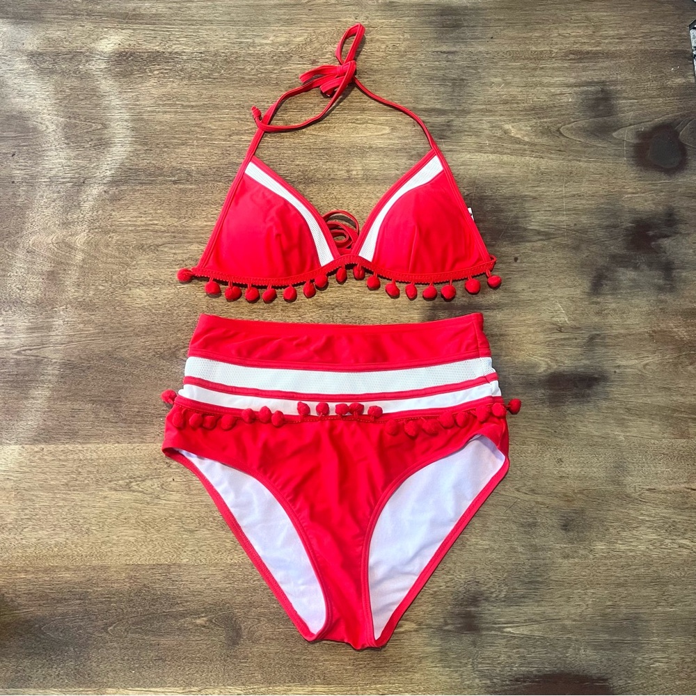 COCOSHIP Red & White High Waisted Bikini Bathing Suit Size 8 Pom Pom Trim Halter